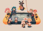  4boys 5girls bird blonde_hair blue_bird blue_hair brown_hair claude_von_riegan closed_mouth commentary copyright_name cup dark-skinned_male dark_skin english_commentary female_byleth_(fire_emblem) fire_emblem fire_emblem:_three_houses garreg_mach_monastery_uniform gold_cape green_eyes green_hair grey_background hilda_valentine_goneril holding holding_cup ignatz_victor leonie_pinelli long_hair looking_at_another lorenz_hellman_gloucester lysithea_von_ordelia marianne_von_edmund multiple_boys multiple_girls nintendo nintendo_switch open_mouth orange_hair phlavours pink_hair purple_hair raphael_kirsten short_hair simple_background smile teacup teeth upper_teeth_only upside-down white_hair 