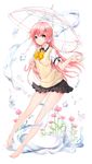  bare_legs barefoot bow flower hair_flower hair_ornament juna long_hair original outstretched_hand pigeon-toed pink_eyes pink_hair school_uniform skirt solo sweater_vest water 