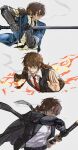  3boys absurdres black_jacket black_necktie blue_jacket brown_eyes brown_hair chinese_commentary cigarette commentary_request fire gauntlets glasses gregor_(project_moon) highres jacket jacket_on_shoulders katana kkolo432271 kurokumo_clan_(identity)_(project_moon) limbus_company liu_association_south_(identity)_(project_moon) liu_association_south_uniform low_ponytail male_focus multiple_boys multiple_persona necktie ponytail project_moon shirt simple_background smoke smoking sword tie_clip weapon white_background white_shirt zwei_association_south_(identity)_(project_moon) zwei_association_south_uniform zweihander 