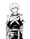  1boy bakugou_katsuki bare_shoulders belt belt_buckle boku_no_hero_academia buckle closed_mouth collarbone commentary_request cowboy_shot crosshatching detached_sleeves dkyoudai eye_mask frown greyscale hair_between_eyes hands_in_pockets hatching_(texture) head_tilt highres linear_hatching looking_at_viewer male_focus mask mask_around_neck monochrome nostrils pants partial_commentary pectoral_cleavage pectorals pocket short_hair simple_background snap-fit_buckle solo spiked_hair split_mouth straight-on tank_top tsurime v-neck white_background wrist_guards 