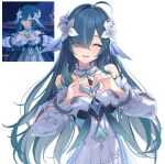  1girl aqua_hair aqua_sleeves bandeau closed_eyes collar commentary detached_collar detached_sleeves facing_viewer fins flower game_screenshot_inset genshin_impact hair_flower hair_ornament hair_over_one_eye head_fins heart heart_hands highres huciro merfolk mermaid monster_girl puffy_detached_sleeves puffy_sleeves reference_inset screenshot_inset simple_background smile solo untranslatable_commentary vodyanitsa_(genshin_impact) white_background white_bandeau white_collar white_flower white_sleeves 