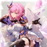  1girl absurdres armpit_peek asymmetrical_sleeves blue_eyes blush breasts brooch closed_mouth elbow_gloves elf elysia_(honkai_impact) elysia_(miss_pink_elf)_(honkai_impact) gloves hair_ornament highres honkai_(series) honkai_impact_3rd jewelry large_breasts long_pointy_ears looking_at_viewer medium_hair mihuashi_logo mihuashi_username pink_hair pointy_ears single_glove smile solo zomzomzomsauce 