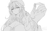  1boy 1girl ahoge beret bow bowtie boxers braid breasts center_frills cleavage cleavage_cutout clothing_cutout commentary_request dated elf faceless faceless_male flower frills giant giantess glaring hair_flower hair_ornament hat highres holding holding_mini_person hololive large_breasts lineart long_sleeves male_underwear mini_person miniboy monochrome parted_lips pointy_ears portrait seo_tatsuya signature simple_background topless_male twitter_username underwear underwear_only virtual_youtuber yukihana_lamy yukihana_lamy_(1st_costume) zoom_layer 
