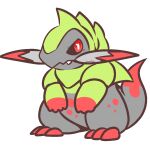  black_sclera bright_pupils chibi claws colored_sclera colored_skin fang fraxure green_skin grey_skin multicolored_skin no_humans pokemon pokemon_(creature) red_eyes simple_background smolsammichowo solo transparent_background two-tone_skin white_pupils 