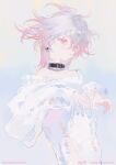  1girl belt_collar black_collar chain chain_necklace chinese_commentary closed_mouth collar commentary_request dj.adonis earrings hair_between_eyes highres jewelry long_sleeves multicolored_hair necklace off_shoulder original pink_eyes pink_hair shirt simple_background sleeves_past_wrists solo upper_body white_shirt 