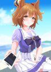  1girl absurdres animal_ears aston_machan_(umamusume) blue_sky blush bottle bow bowtie breasts brown_hair closed_mouth collarbone commentary_request crown green_eyes hair_between_eyes hair_ornament hair_scrunchie highres holding holding_bottle holding_phone horse_ears horse_girl large_breasts looking_at_viewer medium_hair mini_crown ocean outdoors p1_fcoyaa phone pleated_skirt puffy_short_sleeves puffy_sleeves purple_bow purple_bowtie purple_shirt red_scrunchie sailor_collar sailor_shirt school_uniform scrunchie shirt short_sleeves sitting skirt sky smile solo thighhighs tilted_headwear tracen_school_uniform umamusume water white_sailor_collar white_skirt white_thighhighs 