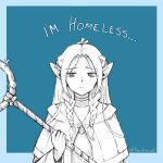  1girl an_dres_art bad_end bags_under_eyes blue_background blue_border border braid breasts capelet choker closed_mouth commentary curtained_hair dungeon_meshi elf english_commentary english_text facing_viewer furrowed_brow gloom_(expression) half_up_braid highres holding holding_staff i_might_go_homeless_(meme) long_hair looking_to_the_side low_twin_braids mage_staff marcille_donato meme monochrome narrowed_eyes outside_border parted_hair pointy_ears raised_inner_eyebrows sideways_glance signature sketch small_breasts staff straight-on twin_braids twitter_username upper_body 