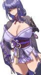  1girl absurdres black_thighhighs blunt_bangs bow bowtie braid breasts bridal_gauntlets cleavage closed_mouth commentary_request disgust english_commentary flower frown genshin_impact glaring hair_ornament hand_on_own_hip highres japanese_clothes kimono large_breasts long_hair looking_at_viewer low-braided_long_hair low-tied_long_hair mitsudomoe_(shape) mixed-language_commentary mole mole_under_eye obi obiage off_shoulder purple_eyes purple_hair purple_kimono raiden_shogun sash shaded_face short_kimono shrug_(clothing) simple_background solo thighhighs thighs tomoe_(symbol) very_long_braid white_background ynfkin zettai_ryouiki 