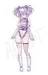  1girl :t absurdres adoptable animal_ears animal_print arm_warmers bandaid bandaid_on_leg bare_shoulders black_bow black_nails blood blood_on_clothes blush bow breasts bright_pupils cat_ears closed_mouth commentary cross cross_necklace crossed_bangs english_commentary eyelashes fake_animal_ears fingernails fishnet_thighhighs fishnets full_body gradient_hair grey_bow hair_between_eyes hair_bow hair_intakes highres jewelry leopard_print leotard loose_socks medium_hair miclipse multicolored_hair multiple_hair_bows nail_polish necklace original purple_eyes purple_hair shoes sidelocks simple_background single_thighhigh sleeves_past_wrists socks solo spikes thigh_strap thighhighs thighs twintails two-tone_hair watermark white_arm_warmers white_background white_leotard white_pupils white_shoes white_socks 