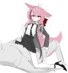  1boy 1girl animal_ears bare_legs blush clothed_sex colored_skin commentary_request covered_penetration fox_ears fox_girl highres luguodesanhao military_uniform necktie original pink_hair red_eyes ribbon sex skirt straddling tail white_skin 