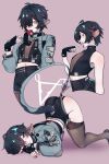  1boy absurdres animal_ears arched_back ass black_hair commentary english_commentary garter_straps genderswap genderswap_(ftm) green_jacket high-waist_shorts highres jacket jane_doe_(zenless_zone_zero) john_doe_(zenless_zone_zero)_(scopeophilia) looking_at_viewer male_focus mouse_boy mouse_ears mouse_tail shorts simple_background single_garter_strap tail top-down_bottom-up trap tryingtoq zenless_zone_zero 