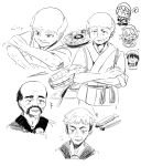  +++ 3boys 3girls :d ^_^ animal_hands balding bucket chopsticks closed_eyes closed_mouth commentary_request crossed_arms facial_hair food frilled_hair_tubes frills geidontei's_owner geidontei_regular_(moustache) geidontei_regular_(side_shave) greyscale hair_tubes hakurei_reimu hat highres japanese_clothes kimono knife lotus_eaters male_focus matsukuzu monochrome multiple_boys multiple_girls multiple_views mushroom musical_note mustache mystia_lorelei okamisty okunoda_miyoi old old_man short_hair simple_background smile spoken_musical_note touhou vegetable very_short_hair white_background 