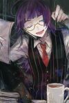  1boy ahoge black_vest blunt_bangs collared_shirt commentary_request glasses green_eyes holding indoors jack_jeanne long_hair male_focus necktie neji_kokuto pinstripe_pattern pinstripe_vest purple_hair red_necktie school_uniform semi-rimless_eyewear shirt solo under-rim_eyewear upper_body vest white_shirt yuhazu_(rhe-rhe) 
