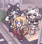  3girls :< :d absurdres animal_ear_fluff animal_ear_piercing animal_ears black_boots black_hair black_shirt black_vest blonde_hair blue_eyes boots closed_mouth commentary dog_ears dog_girl dog_tail double_v hands_up high_school_girls_posing_for_google_street_view_(meme) highres hood hoodie jacket kmnz lita_(kmnz) long_hair medium_hair meme miyaoo1224 multicolored_hair multiple_girls nero_(kmnz) open_clothes open_jacket open_vest outdoors pants purple_eyes red_pants shirt shorts smile tail tina_(kmnz) two-tone_hair v vest virtual_youtuber white_background white_boots white_hair white_hoodie white_shorts 