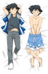  1boy arms_behind_head ash_ketchum barefoot bed_sheet black_hair blue_jacket blue_swim_trunks brown_eyes closed_eyes closed_mouth collarbone commentary_request crossed_legs dakimakura_(medium) grey_pants grin hands_in_pants highres jacket kanaria_(dororotree) knees lying male_focus multiple_views on_back pants pokemon pokemon_(anime) pokemon_the_series:_xy shirt short_hair short_sleeves smile socks teeth topless_male white_socks 