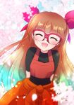  1girl aqua_hair blush bow brown_hair cherry_blossoms closed_eyes commentary_request cropped_shirt glasses gradient_hair hair_bow highres long_hair multicolored_hair ohdo_yuamu open_mouth orange_pants pants red-framed_eyewear red_bow red_shirt red_streaks s_ebi shirt smile solo streaked_hair two-tone_hair very_long_hair yu-gi-oh! yu-gi-oh!_go_rush!! 