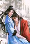  2boys absurdres all_wishes_come_true! arm_wrap black_hair black_sash blood blood_on_face blue_hanfu brown_eyes chinese_clothes chinese_commentary closed_eyes closed_mouth coat commentary_request facial_hair hair_bun hair_ornament hair_ribbon half_updo hanfu head_tilt high_ponytail highres hug jewelry jian_(weapon) layered_sleeves leaf_hair_ornament leaning_on_person long_hair long_sleeves looking_at_viewer lv_dongbin_(all_wishes_come_true!) male_focus multiple_boys mustache_stubble necklace open_clothes open_coat pectoral_cleavage pectorals ponytail red_coat red_ribbon ribbon robe sash seal_impression shiliu_sui_quan_kuan_naxia_fengyue_wubian sidelocks single_hair_bun sleeping sleeping_on_person stubble sword sword_on_back sword_tassel tassel weapon weapon_on_back weapon_tassel white_hanfu wide_sleeves yaoi zhongli_quan_(all_wishes_come_true!) 