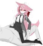  1boy 1girl animal_ears black_pantyhose blush clothed_sex colored_skin commentary_request covered_penetration fox_ears fox_girl high_heels highres luguodesanhao military_uniform necktie original pantyhose pink_hair red_eyes ribbon sex simple_background skirt straddling thighband_pantyhose white_background white_skin 