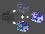  animal_focus arrow_(symbol) chibi chibi_only colored_sclera commentary_request equal_sign grey_background highres kyogre lineart no_humans orange_eyes plus_sign pokemon pokemon_(creature) pokemon_focus primal_kyogre red_pupils shichi_(7cube_ori) simple_background yellow_sclera 