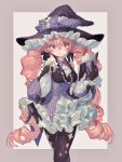  1girl bare_shoulders black_bow black_gloves black_pantyhose black_ribbon blush book border bow breasts buttons canariadraw closed_mouth commentary_request commission corset cowboy_shot curly_hair detached_sleeves dress drill_hair feet_out_of_frame frilled_dress frills gloves hair_between_eyes hair_ribbon hand_up hat hat_bow hat_ornament highres holding holding_book long_hair long_sleeves looking_at_viewer medium_breasts open_book outside_border pantyhose pink_eyes pink_hair puffy_sleeves purple_hat ribbon simple_background skeb_commission smile solo standing striped_bow striped_clothes torn_clothes torn_pantyhose twin_drills twintails two-tone_background vertical-striped_clothes very_long_hair white_background witch witch_hat 