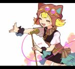  1girl amitie_(puyopuyo) amitie_(steam_city)_(puyopuyo) animal_ear_headwear animal_ears aviator_cap belt black_scrunchie black_shorts blonde_hair brown_hat cable cat_ears closed_eyes commentary_request cowboy_shot flipped_hair goggles goggles_on_headwear gold_belt green_sweater hat hat_with_ears heart highres leaning_forward letterboxed medium_hair microphone microphone_stand open_mouth outstretched_arm pink-tinted_eyewear puyopuyo puyopuyo_quest scrunchie short_shorts short_sleeves shorts singing smile solo standing sweater tinted_eyewear urolo white_sleeves yellow-framed_eyewear zipper zipper_pull_tab 