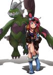  1girl absurdres alternate_costume blue_boots blue_eyes bomber_jacket boots breasts cleavage commentary_request hair_ornament hand_on_own_thigh highres jacket knees leaning_forward one_side_up open_clothes open_jacket pokemon pokemon_(creature) pokemon_black_and_white pouch red_hair shorts sidelocks skyla_(pokemon) sunglasses thigh_pouch tornadus tornadus_(therian) white_background zonbi_no_mokushiroku 