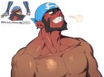  1boy archie_(pokemon) bara beard blank_eyes blush collarbone facial_hair full-face_blush highres large_pectorals male_focus muscular muscular_male nipples pectorals pokemon pokemon_omega_ruby_and_alpha_sapphire reference_inset sharp_teeth simple_background solo teeth veins white_background wubuliang 