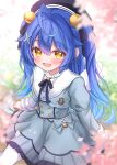  1girl :d absurdres ahoge amamiya_kokoro amamiya_kokoro_(2nd_costume) bell black_hat black_ribbon blue_hair blush commentary_request fang hair_bell hair_between_eyes hair_ornament hat highres jingle_bell long_hair looking_at_viewer matcha_november neck_ribbon nijisanji pantyhose ribbon sidelocks sitting skin_fang smile solo virtual_youtuber white_pantyhose x_hair_ornament yellow_eyes 