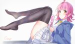  1girl ahoge black_thighhighs blue_hoodie blunt_bangs blush closed_mouth commentary_request drawstring expressionless feet full_body highres holding holding_sketchbook hood hood_down hoodie legs looking_at_viewer love_live! love_live!_nijigasaki_high_school_idol_club lying miniskirt neck_ribbon no_shoes on_back open_clothes open_hoodie orange_eyes pink_hair reitou_mkn ribbon shirt sidelocks simple_background sketchbook skirt solo tennoji_rina thighhighs thighs white_shirt white_skirt yellow_ribbon 