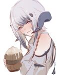  1girl alcohol au_ra bare_shoulders beer beer_mug blue_horns blue_scales blush closed_mouth cup dragon_girl dragon_horns final_fantasy final_fantasy_xiv foam grey_hair holding holding_cup horn_ornament horn_ring horns laila_(moth_ram) looking_at_viewer low_horns moth_ram mug multicolored_hair original purple_eyes scales short_hair sidelocks simple_background solo two-tone_hair white_background white_hair 