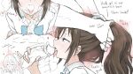  1boy 1girl absurdres after_fellatio blue_bow blue_bowtie blue_scrunchie blush bow bowtie brown_hair commentary cum cum_in_mouth english_commentary english_text grabbing_another's_hair gyarugasaki hair_ornament hair_scrunchie handjob hetero highres holding_another's_hair long_hair love_live! love_live!_nijigasaki_high_school_idol_club official_alternate_costume osaka_shizuku penis scrunchie shirt shizuwonderland uncensored white_background white_shirt 