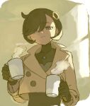  1girl black_bodysuit black_gloves black_hair bodysuit brown_jacket coffee_mug commentary cup dark-skinned_female dark_skin emma_(pokemon) glasses gloves hair_over_one_eye highres holding holding_cup jacket light_smile long_sleeves looking_at_viewer mug pokemon pokemon_legends:_z-a sakana_625 short_hair solo twitter_username untranslatable_commentary upper_body 