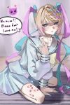  1girl absurdres bandaid bandaid_on_leg blonde_hair blue_eyes blue_hair blue_nails blue_shirt blue_skirt bow bowtie chouzetsusaikawa_tenshi-chan commentary_request hair_bow highres light_blush long_hair multicolored_nails multiple_hair_bows nail_polish needy_girl_overdose parted_lips pien_cat_(needy_girl_overdose) purple_nails quad_tails shirt skirt solo speech_bubble sugararu tears very_long_hair yellow_bow yellow_bowtie 