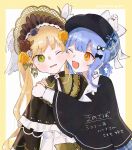  2girls :d ;d bird_hat_ornament black_bow black_bowtie black_capelet black_flower black_hat black_rose blonde_hair blue_hair bonnet border bow bow_flower bowtie braid braided_hair_rings capelet character_name collared_shirt commentary_request deerstalker dress flower frilled_capelet frilled_dress frills furrowed_brow green_bonnet green_eyes hair_bow hair_flower hair_ornament hair_rings hat hat_bow highres lolita_fashion long_hair long_sleeves mahou_shoujo_no_majo_saiban multiple_girls one_eye_closed open_mouth rose shirt short_hair simple_background smile tachibana_sherry tono_hanna translation_request tulip twintails upper_body v-shaped_eyebrows white_background white_flower white_rose white_shirt white_tulip winged_hat yellow_border yellow_eyes yellow_flower yellow_rose yuri yuzuko_ysnr 