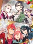  >_< 1girl 6+boys :d ^_^ aqua_hair aqua_jacket black_hair black_jacket blue_eyes blue_jacket claw_pose closed_eyes collared_jacket commentary_request curtained_hair gem green_gem green_jacket grey_eyes grey_hair hair_between_eyes jack_jeanne jacket jacket_on_shoulders medium_hair mole mole_under_mouth multiple_boys mutsumi_kai neji_kokuto open_clothes open_jacket open_mouth orimaki_suzu photo_(object) pink_hair purple_hair quartz_(gemstone) red_eyes red_gem red_hair red_jacket shirota_mitsuki shirt short_hair smile tachibana_kisa takashina_sarafumi track_jacket white_hair white_shirt xd yellow_eyes yellow_gem yonaga_soshiro yuhazu_(rhe-rhe) 