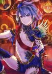  1boy abs absurdres arm_support black_bow black_bowtie blue_eyes blue_hair blue_leggings blue_shorts bow bowtie broken broken_chain chain closed_mouth commentary_request detached_leggings earrings fingerless_gloves fire_emblem fire_emblem:_shadow_dragon_and_the_blade_of_light flower flower_ornament frown gloves hair_between_eyes hair_flower hair_ornament highres indoors jewelry knee_up lace-trimmed_gloves lace-trimmed_leggings lace-trimmed_shorts lace_trim leggings looking_at_viewer male_focus marth_(fire_emblem) micro_shorts navel red_sash revealing_clothes ribbed_leggings ribbed_shorts sash sayu_(silent_si1ent) see-through_clothes see-through_veil short_hair shorts shoulder_sash single_earring sitting solo stomach swept_bangs toned toned_male upper_body veil 