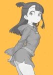  1girl ahashi arms_behind_back ass blunt_bangs breasts closed_mouth cowboy_shot dress from_side greyscale greyscale_with_colored_background highres hood hood_down hooded_dress kagari_atsuko little_witch_academia long_hair long_sleeves looking_at_viewer monochrome orange_background school_uniform short_dress simple_background solo standing wide_sleeves 