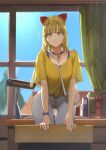  1girl bag bell between_breasts blonde_hair blue_sky blurry blurry_background blush book bow breasts bright_pupils cleavage collarbone commentary_request cowboy_shot curtains day desk desk_lamp diamond_print doraemon dorami drawer eyelashes fingernails grey_eyes grin hair_bow handbag high-waist_pants highres humanization indoors jun_(navigavi) lamp large_breasts leaning_forward light_particles long_hair looking_at_viewer making-of_available neck_bell nose notice_lines pants parted_lips partial_commentary pink_nails purple_tank_top red_bow round_teeth shirt shirt_tucked_in shirt_under_shirt short_sleeves sky smile solo standing straight_hair strap_between_breasts tank_top teeth v-neck white_bag white_pants white_pupils window wristband yellow_shirt 