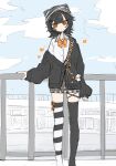  1girl animal_hat asymmetrical_legwear black_cardigan black_hair black_nails black_thighhighs bow bowtie bug butterfly cardigan cardigan_partially_removed cat_hat closed_mouth cloud commentary_request grey_skirt hat highres looking_at_viewer mahou_shoujo_no_majo_saiban multicolored_hair nail_polish nerx75 off_shoulder official_alternate_costume orange_bow orange_bowtie orange_butterfly orange_eyes orange_streaks sawatari_coco shirt short_hair skirt skull sky solo standing streaked_hair striped_clothes striped_hat striped_thighhighs thighhighs white_shirt 