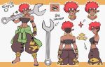  1girl abs absurdres arm_strap arrow_(symbol) bandeau bare_shoulders barefoot black_bandeau black_gloves brown_pants character_name clenched_hand closed_mouth clothes_around_waist commentary cropped_head cropped_legs dark-skinned_female dark_skin earrings english_commentary english_text eyelashes feet fingerless_gloves from_behind from_side full_body gerudo gloves goggles goggles_on_head green_eyes grin highres holding holding_wrench index_finger_raised jewelry legs_apart lokigun midriff multiple_views navel original oversized_object pants pointy_ears red_hair short_hair smile split_mouth standing teeth the_legend_of_zelda toes toned toned_female undercut wrench 