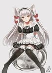  alternate_costume amatsukaze_(kantai_collection) brown_eyes elbow_gloves enmaided garters gloves kantai_collection kirigaku_luo long_hair looking_at_viewer maid maid_headdress open_mouth rensouhou-kun silver_hair sitting solo thighhighs two_side_up zettai_ryouiki 