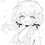  1girl :d ahoge bare_shoulders bikini blush bow braid breasts cleavage collarbone commentary_request dated dot_nose fang front-tie_bikini_top front-tie_top fujita_kotone gakuen_idolmaster greyscale hair_bow hair_ornament hair_over_shoulder hair_ribbon hairclip halterneck highres idolmaster limpiderm long_hair looking_at_viewer low_twin_braids low_twintails monochrome o-ring open_mouth ribbon sidelocks signature simple_background sketch small_breasts smile solo swimsuit twin_braids twintails upper_body water_drop white_background 