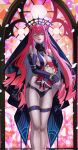  1girl baobhan_sith_(fate) baobhan_sith_(first_ascension)_(fate) baobhan_sith_(second_ascension)_(fate) black_panties bracelet breasts character_doll commentary detached_sleeves doll fate/grand_order fate_(series) highres jewelry longdq3008 looking_at_viewer panties pink_hair pointy_ears revealing_clothes sidelocks smile spiked_bracelet spikes thigh_strap underwear veil 