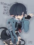  1boy absurdres animal_ears artist_name black_gloves blush commentary english_commentary fingerless_gloves genderswap genderswap_(ftm) gloves highres jane_doe_(zenless_zone_zero) john_doe_(zenless_zone_zero)_(scopeophilia) male_focus mars_symbol meme mouse_boy mouse_ears mouse_tail pantyhose reverse_translation say_gex_(meme) solo tail thick_thighs thighs tonka_kryga torn_clothes torn_pantyhose translated trap wide_hips zenless_zone_zero 