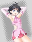  armpits arms_up black_eyes black_hair elbow_gloves gloves idolmaster idolmaster_(classic) kikuchi_makoto looking_at_viewer open_mouth short_hair skirt smile solo utomo 