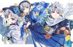  adjusting_clothes adjusting_headwear bag ball baseball_cap black_hat blue_eyes blue_hakama blue_kimono border clapperboard commentary earrings fate/grand_order fate_(series) gingham_clothes ginkgo_leaf hakama hat highres hood hooded_jacket jacket japanese_clothes jewelry kimono leaf long_sleeves maple_leaf multiple_persona official_alternate_costume outside_border print_kimono prosthesis prosthetic_arm scar scar_on_face scar_on_forehead scarf shirt short_sleeves soccer_ball soccer_uniform sportswear toramaru_(696anna) toudou_heisuke_(academy_outfit)_(fate) toudou_heisuke_(fate) toudou_heisuke_(kyomaf_2026)_(fate) toudou_heisuke_(satellite_station_26)_(fate) turtleneck turtleneck_shirt white_border white_hair white_jacket white_scarf 