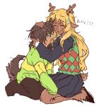  1girl 1other androgynous animal_ears antlers biting biting_another's_hair blonde_hair brown_hair brown_pants checkered_clothes checkered_sweater_vest checkered_vest closed_eyes comedic_sweatdrop deer_antlers deer_ears deer_girl deer_tail deltarune dog_ears dog_tail english_text freckles furry furry_female hair_between_eyes hair_in_another's_mouth highres hooves horns hug kneeling kris_(deltarune) light_smile long_hair long_sleeves medium_hair noelle_holiday pants partially_shaded_face red_eyes reindeer_girl simple_background small_sweatdrop smile striped_clothes sweatdrop sweater_vest tail tail_wagging teeth two-tone_sweater_vest utdr_(toby_fox) vest white_background zhangderen 