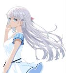 1girl blue_eyes blue_sleeves breasts casual closed_mouth commentary_request cowboy_shot expressionless floating_hair from_side grey_hair hair_behind_ear hair_between_eyes hair_ornament hair_ribbon hairclip hand_up highres long_hair looking_at_viewer medium_breasts naruse_shiroha nose parallel_hairclips pink_ribbon ribbon shirt short_sleeves simple_background skirt solo summer_pockets umyuimui03 very_long_hair white_background white_shirt white_skirt 