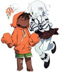  1boy 1girl animal_hood arrcticc_fish black_shoes boots brown_hair carrie_krueger dark-skinned_male dark_skin darwin_watterson ghost_girl green_shoes hair_ornament highres hood hoodie humanization shoes simple_background skirt sleeves_past_fingers sleeves_past_wrists the_amazing_world_of_gumball 