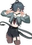  1boy ahoge animal_ears black_hair black_shorts blush crop_top cropped_jacket cropped_legs double_v fur-trimmed_jacket fur_collar fur_trim garter_straps genderswap genderswap_(ftm) grey_eyes hair_over_one_eye high-waist_shorts highres jacket jane_doe_(zenless_zone_zero) john_doe_(zenless_zone_zero)_(scopeophilia) long_sleeves looking_at_viewer male_focus midriff mouse_boy mouse_ears mouse_tail pantyhose puffy_long_sleeves puffy_sleeves seki_san65 sharp_tail short_hair shorts simple_background single_leg_pantyhose smile solo tail torn_clothes torn_pantyhose trap v very_long_tail zenless_zone_zero 